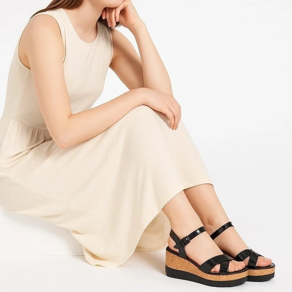 Womens Black Platform Wedge Sandals  6 Lightweight Strappy‎ Comfort Comfy NIB
